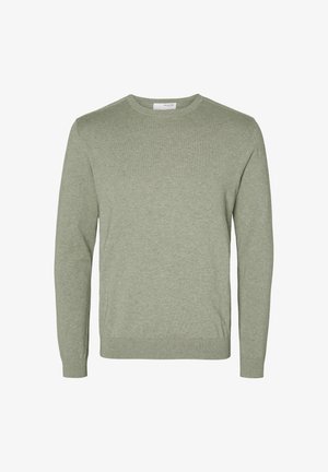 Maglione verde chiaro a girocollo realizzato in morbido materiale a maglia, con maniche lunghe e polsini e orlo a coste. Design semplice e minimalista.