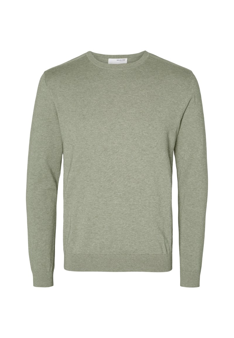 Light green crew neck sweater made of soft knit material, featuring long sleeves and ribbed cuffs and hem. Simple and minimalistic design.