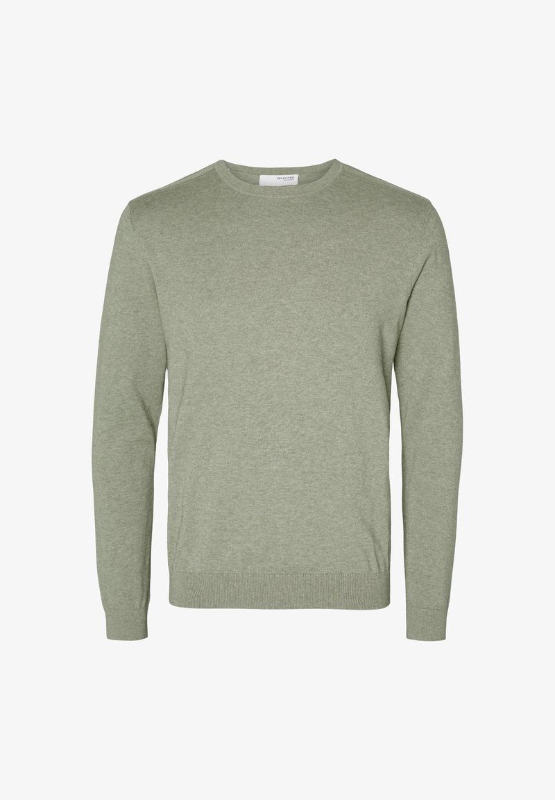 Light green crew neck sweater made of soft knit material, featuring long sleeves and ribbed cuffs and hem. Simple and minimalistic design.