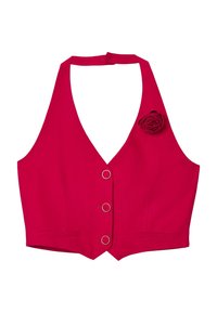 Rotes cropped Top im Halter-Stil aus glattem Stoff mit V-Ausschnitt, drei runden Metallknöpfen und einem Stoffrosenakzent.