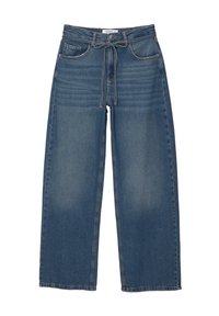 Vidbenade denimjeans i medelblått. Har dragsko i midjan, fem fickor och subtil blekning längs låren. Strukturerad tyg.