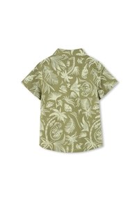 Camicia a maniche corte di colore verde oliva con stampa botanica bianca. Presenta un colletto classico e una vestibilità comoda, realizzata in tessuto leggero.