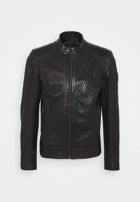 Black leather motorcycle jacket with a stand collar, quilted shoulder details, asymmetrical front zipper, and two zipped pockets.