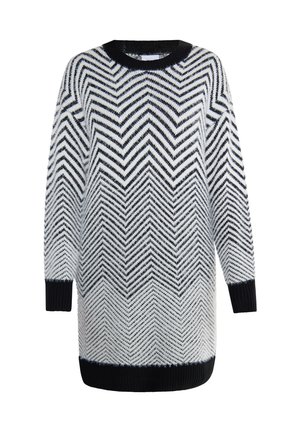 Pletený sveter v bielej a čiernej farbe s vzorom v tvare chevron. Dlhé rukávy a okrúhly výstrih so čiernym rebrovaným lemom a manžetami.
