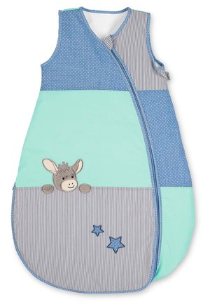 Sleeveless baby sleep sack with blue and mint green panels, striped lower section, embroidered donkey face, and two stitched stars on front.