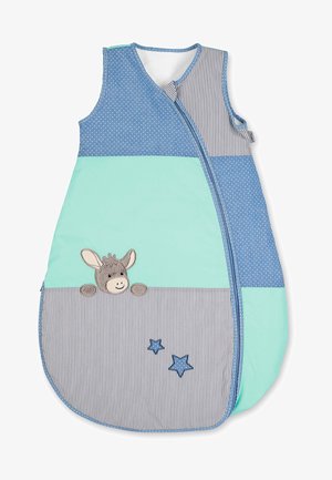 Sleeveless baby sleep sack with blue and mint green panels, striped lower section, embroidered donkey face, and two stitched stars on front.