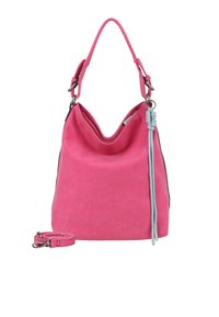 Borsa in suede rosa con design morbido, dotata di una tracolla removibile e un accento intrecciato, completata da dettagli in hardware argentato.
