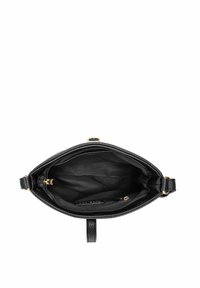 Czarna skórzana torba o zwartej formie, ze złotymi akcentami, zamknięciem na zamek błyskawiczny oraz pojemnym, materiałowym wnętrzem. Zawiera wewnętrzną kieszeń.