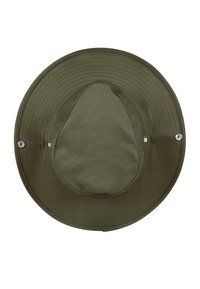 Olivenfarbener, breiter Hut aus Stoff mit strukturiertem Design, rundem Oberteil und genähten Details entlang der Kanten.