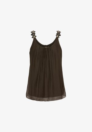 Mørkebrun ærmeløs top med en sammensnørret halsudskæring, dekorative skulderdetaljer og et let, flagrende stof. Glat overflade generelt.