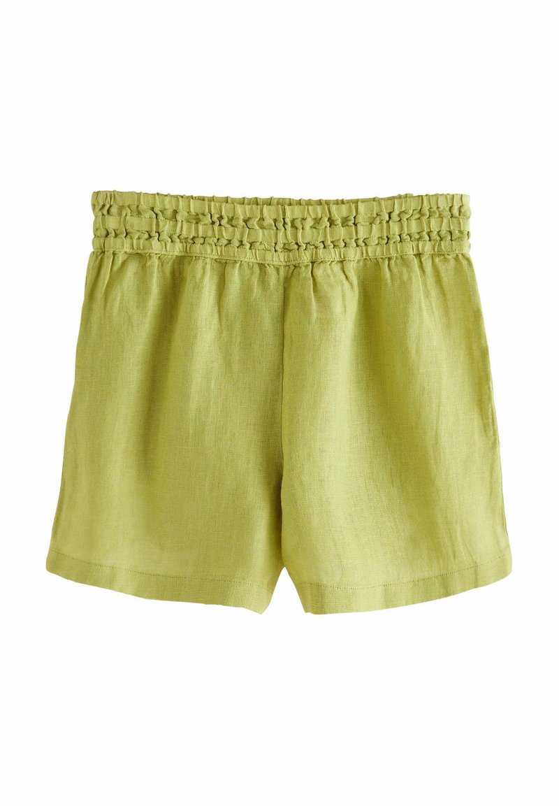 Groene linnen shorts met een smockband, met een losse pasvorm en zachte textuur. Accenten zijn onder meer een eenvoudige zoom en een casual ontwerp.