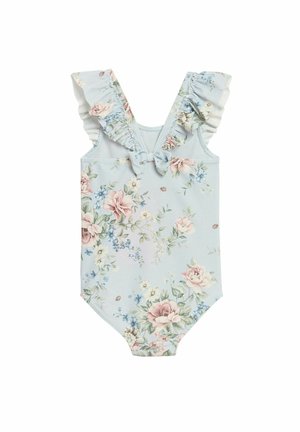 Jasnoniebieski pajacyk dla niemowląt z pastelowym kwiatowym wzorem, falbaniastymi ramiączkami z tyłu w kształcie litery V oraz małą kokardką na środku pleców.