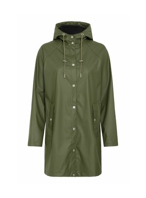 Imperméable vert olive avec capuche, doté d'un devant à boutons, de deux poches latérales et d'une doublure noire texturée.