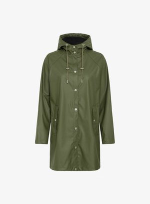 Olive green waterproof raincoat with a hood, featuring a button front, two side pockets, and a textured black lining.