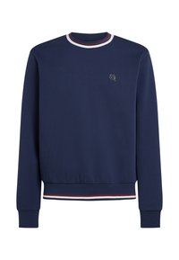 Sweat-shirt bleu marine en tissu doux, avec un col rond aux rayures blanches et rouges, des poignets côtelés, et un petit logo brodé.