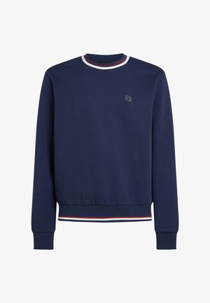 Navyblauwe sweatshirt van zachte stof, met een ronde halslijn met witte en rode strepen, geribbelde manchetten en een klein geborduurd logo.