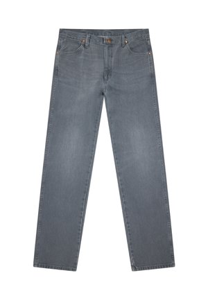 Jeans grigi a gamba dritta in denim con tasche frontali, passanti per cintura e chiusura con bottone.