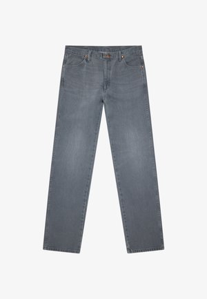 Jeans grigi a gamba dritta in denim con tasche frontali, passanti per cintura e chiusura con bottone.