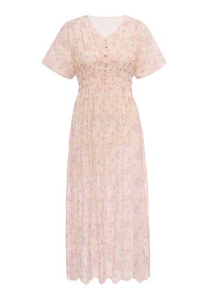 Lichtroze bloemen midi-jurk met korte mouwen, V-hals, knopen aan de voorkant en elastische tailleband op een witte achtergrond.