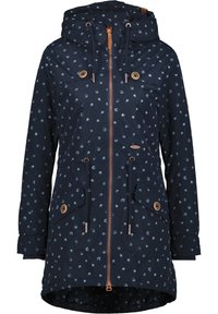 Giacca da pioggia navy con pois bianchi, cappuccio, zip frontale e due ampi tasconi applicati. Dotata di lacci e hardware in tonalità rame.