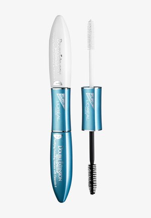 L'Oréal Double Extension Waterproof mascara met een witte dop en twee blauwe tubes; inclusief een zwarte borstel voor applicatie; slank en compact design.
