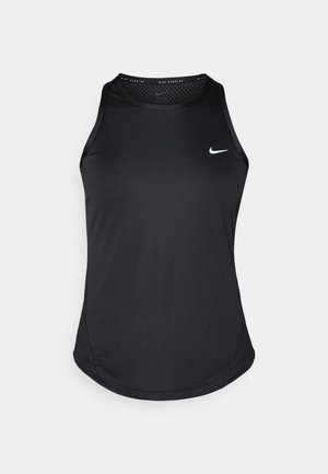 Camiseta sin mangas negra para correr de Nike, con cuello redondo, textura suave y un pequeño logo blanco en el lado izquierdo del pecho.