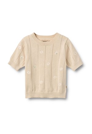 Maglione beige a maniche corte in maglia con piccolo ricamo di margherite bianche e righe verticali a maglia aperta.