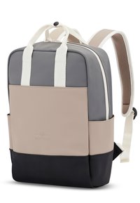 Gray, beige, and black backpack made of smooth material. Features padded straps, top handles, side pockets, and stitched logo detail.