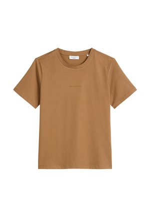 Braunes Baumwoll-T-Shirt mit kurzen Ärmeln, runder Ausschnitt und einem dezenten Logo auf der Vorderseite. Glatte Textur und schlichtes Design.