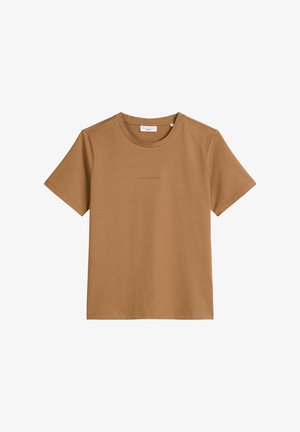 Braunes Baumwoll-T-Shirt mit kurzen Ärmeln, runder Ausschnitt und einem dezenten Logo auf der Vorderseite. Glatte Textur und schlichtes Design.