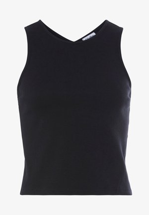 Sort ribbet tanktop med en tætsiddende design, der har en lav V-halsudskæring og ingen ærmer. Materialet ser blødt og strækbart ud.