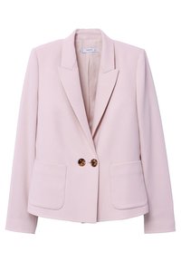 Blazer rose pâle au design structuré, avec des revers crantés, deux poches frontales et deux boutons en écaille de tortue. Confectionné dans un tissu lisse.