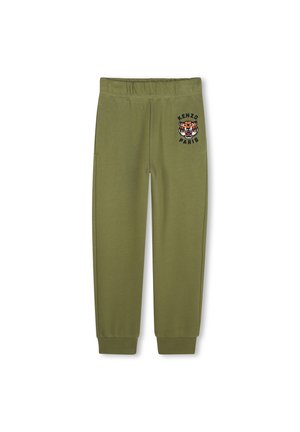 Olijf groene trainingsbroek met elastische tailleband en geborduurde boorden. Bevat een geborduurd tijgerlogo en de tekst "KENZO PARIS" aan één kant.