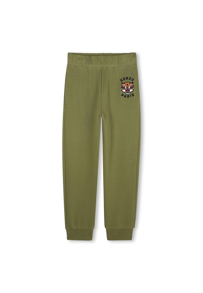Oliwkowe dresy z elastycznym paskiem w talii i ściągaczami przy kostkach. Posiadają haftowane logo tygrysa oraz napis "KENZO PARIS" po jednej stronie.