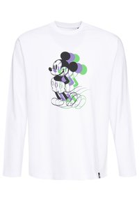 T-shirt in cotone bianco a maniche lunghe con una grafica di Topolino che tiene palloncini verdi e viola, contornati di nero.