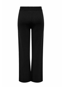 Pantaloni neri a gamba larga in tessuto liscio, con vita elastica e senza hardware visibile. Il design presenta un taglio lungo e uno stile minimalista.