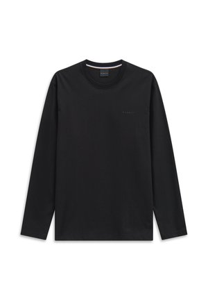 Schwarzes Langarm-Crewneck-T-Shirt mit dezentem "Bugatti"-Logo auf der linken Brust, flach auf einem weißen Hintergrund präsentiert.