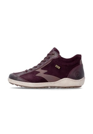 Burgundy suede and leather sneaker with beige sole, lace-up front, and small metallic logo on the side, shown in left profile.