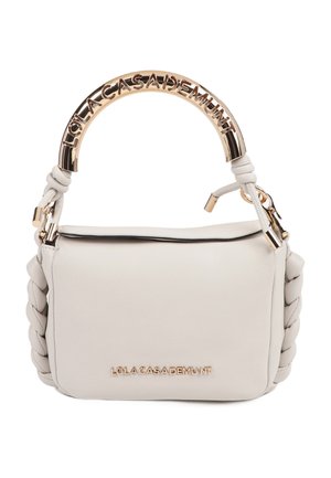 Structured handbag in smooth light grey leather. Features a braided strap and shiny gold-tone handle with embossed branding. Zipper closure.