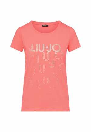 T-shirt rosa corallo a maniche corte con scollo rotondo, con testo in strass argento "LIU•JO" e motivi decorativi a cerchio sul davanti.