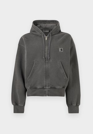 Tumehall lukuga dressipluus esitaskute, nööriga kapuutsi, soonikkoe mansettide ja väikese Carhartti logomärgiga rinnal.