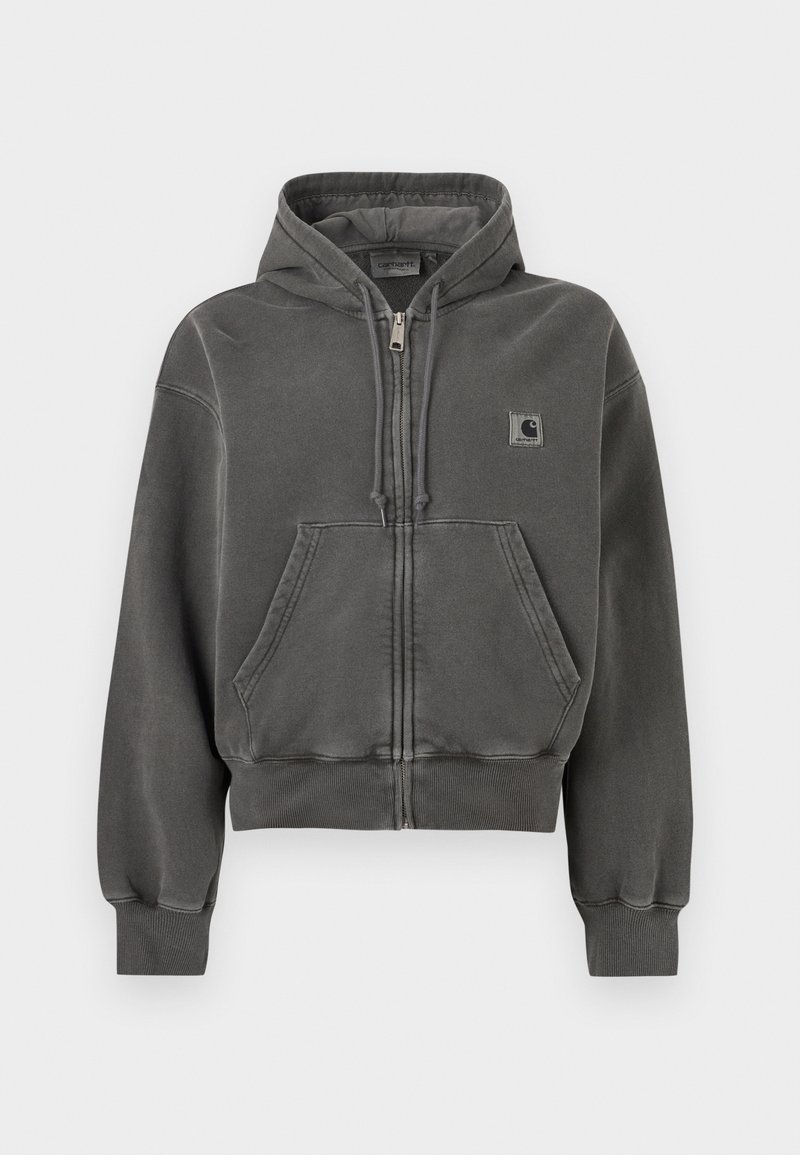Felpa con cappuccio grigia scura con cerniera, tasche frontali, cappuccio con coulisse, polsini a coste e una piccola toppa con il logo Carhartt sul petto.