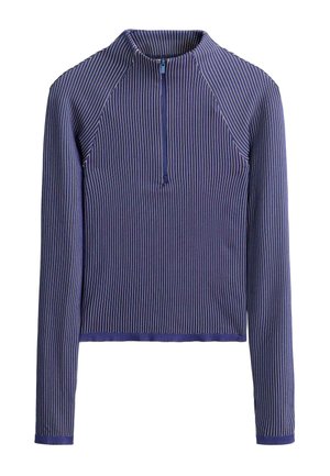 Dunkelblaues Langarmshirt mit dünnen weißen vertikalen Streifen, einem halben Reißverschluss am Kragen sowie gerippten Bündchen und Saum.