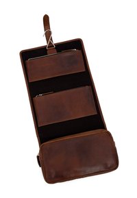 Brown leather travel organizer with three zippered pockets and a large compartment, featuring a smooth texture and a hanging strap.
