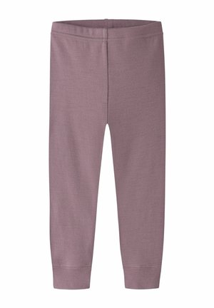 Leggings pour tout-petit de couleur violette douce avec une ceinture élastique et des bords aux chevilles, présentés à plat sur un fond blanc.