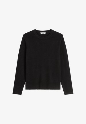 Schwarzer Pullover mit langen Ärmeln aus Rippstrickstoff, mit rundem Ausschnitt und geradem Saum. Schlichtes Design ohne sichtbare Muster.
