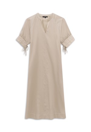 Beiges Midikleid mit kurzen Puffärmeln, V-Ausschnitt und Bindebändern an den Manschetten, aus glattem Stoff.