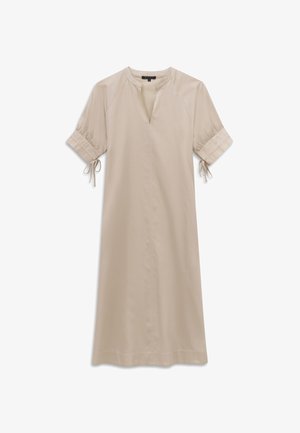 Beiges Midikleid mit kurzen Puffärmeln, V-Ausschnitt und Bindebändern an den Manschetten, aus glattem Stoff.