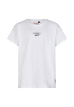 Witte katoenen t-shirt met korte mouwen, gekenmerkt door een zwart grafisch ontwerp van tekst en golvende lijnen op de voorkant. Zachte textuur en normale pasvorm.