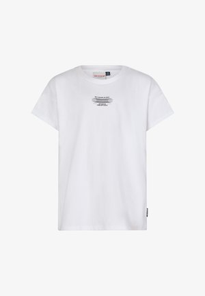 Witte katoenen t-shirt met korte mouwen, gekenmerkt door een zwart grafisch ontwerp van tekst en golvende lijnen op de voorkant. Zachte textuur en normale pasvorm.